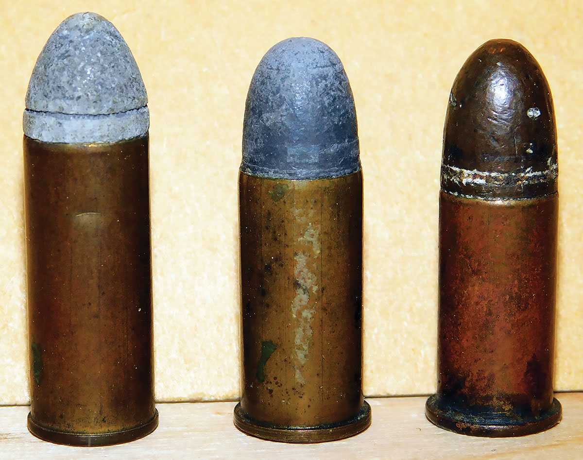 The 44 Colt (left) and the 44 Smith & Wesson (right) both use heeled bullets. The 44 Smith & Wesson Russian (center) was the first to place grease grooves inside the case, protecting them from contamination. This cartridge created an evolutionary shift in bullet design.